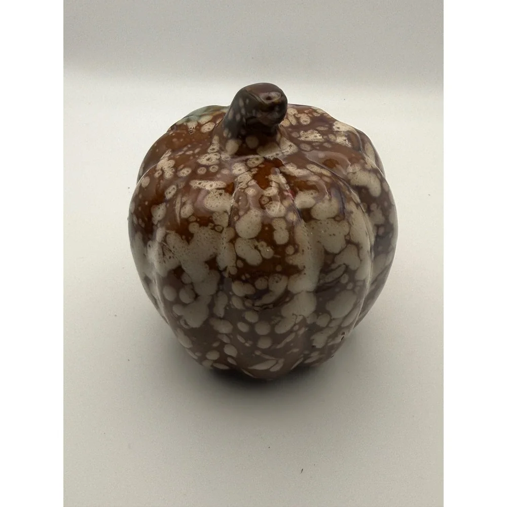 Brown Cream Speckled Ceramic Pumpkin Figurine Fall Harvest Decor Green Leaf